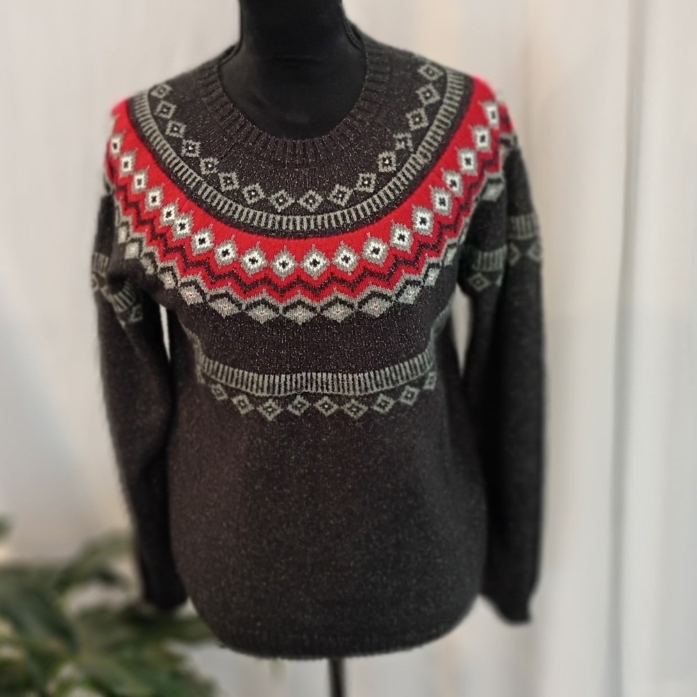 Weatherproof Vintage Womens Fair Isle Metallic Knit Sweater Grey Red Size Medium